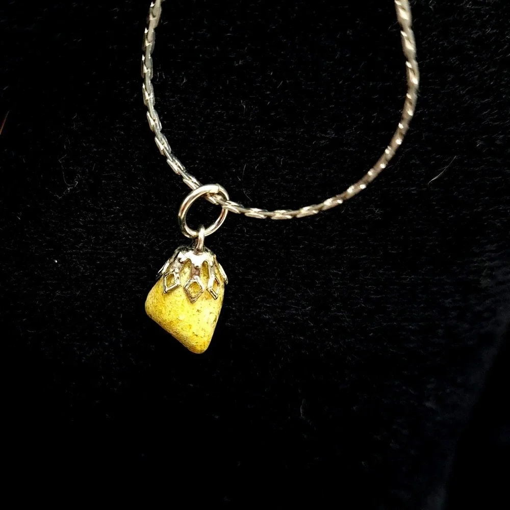 Yellow‎ Jasper Raw Stone Pendant Necklace 18 Inch Silver Filigree Cottagecore